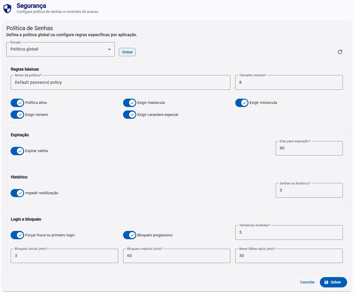 Tela de políticas avançadas de senha da Admin Web do Granauth